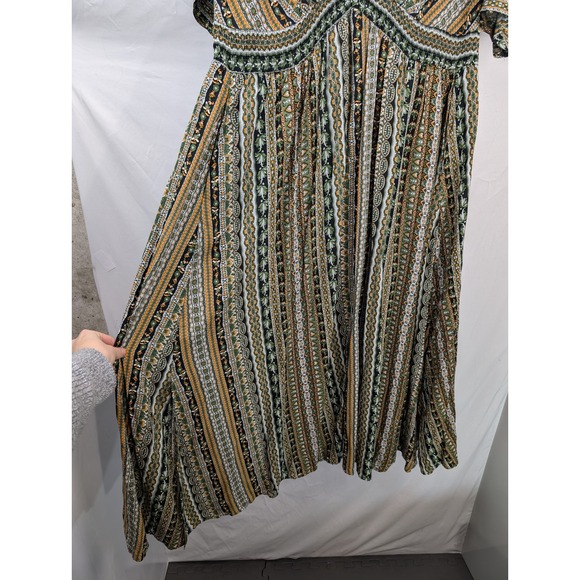 Floral Peasant Dress Maxi Cottagecore Green Striped Smocked V Neck Boho Grunge - Picture 4 of 10